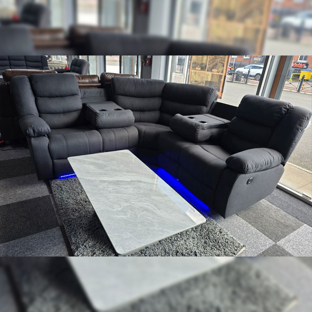 Roma Fabric Electric Recliner Corner Sofa Grey With USB/LED/Cup Holder