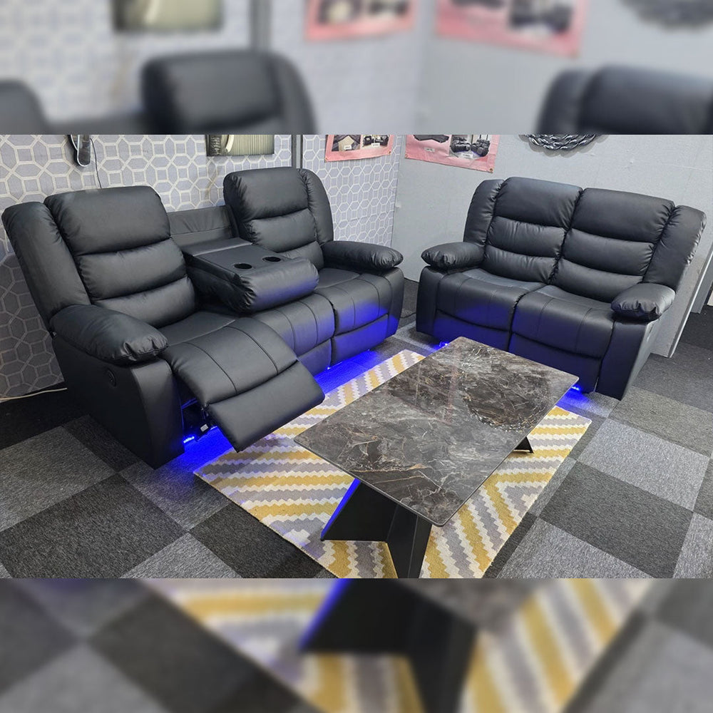 Roma Leather Electric Recliner Sofa with Cupholders - 3+2 Seater Sofa - Black , Grey(3+2 Seater)