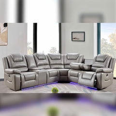 MNS Oxford Leather Electric Recliner Corner Sofa with Cupholders, USB Charging Ports, LED Lights – Leather Corner Sofa