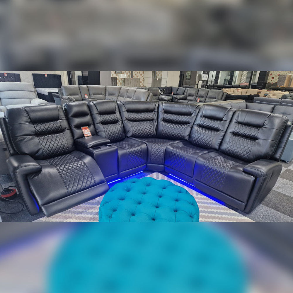 MNS Halifax Leather Electric Recliner Corner Sofa(Black,Beige)-USB Ports/LED LIGHTS/CUP HOLDERS