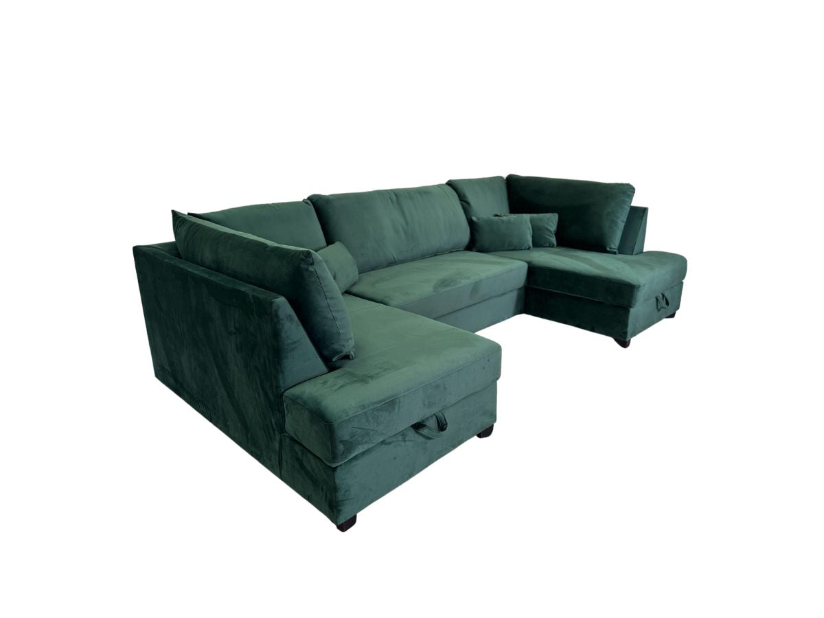Meri U Shape Sofa Bed with Storage Emerald Green Plush Velvet