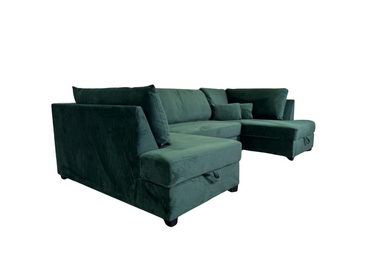 Meri U Shape Sofa Bed with Storage Emerald Green Plush Velvet