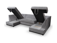 Meri U Shape Sofa Bed with Storage Steel Grey Plush Velvet
