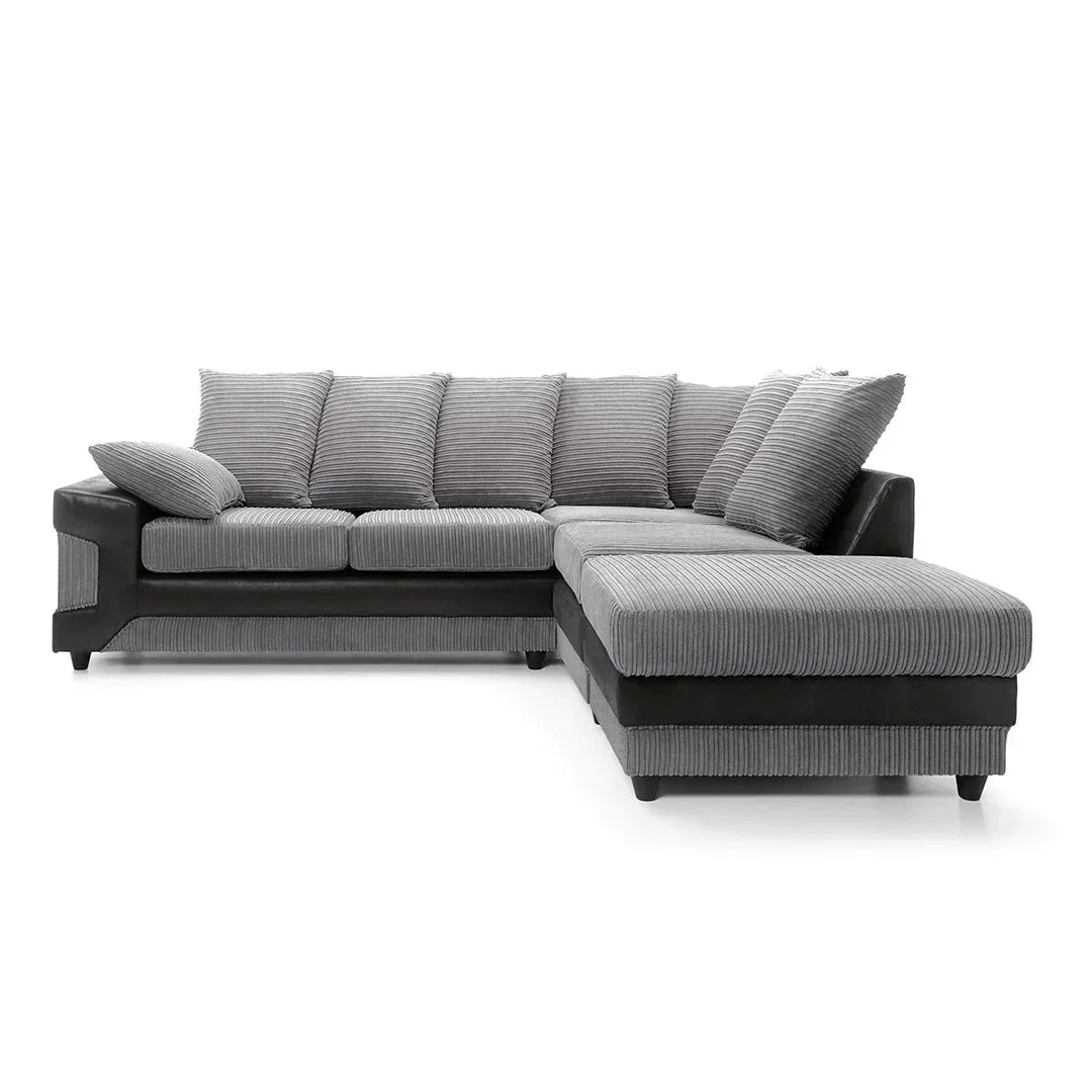 Amazing Sofas NEW LARGE DINO CORNER SOFA JUMBO CORD GREY BLACK OR BEIGE BROWN LEFT OR RIGHT(Grey Black right). Fire resistant as per British Standards, foam filled seats for comfort.