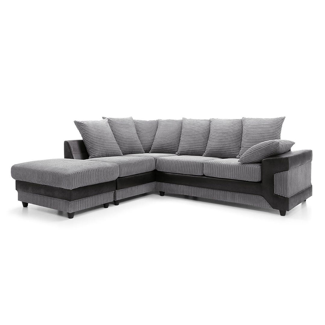 Amazing Sofas NEW LARGE DINO CORNER SOFA JUMBO CORD GREY BLACK OR BEIGE BROWN LEFT OR RIGHT(Grey Black right). Fire resistant as per British Standards, foam filled seats for comfort.
