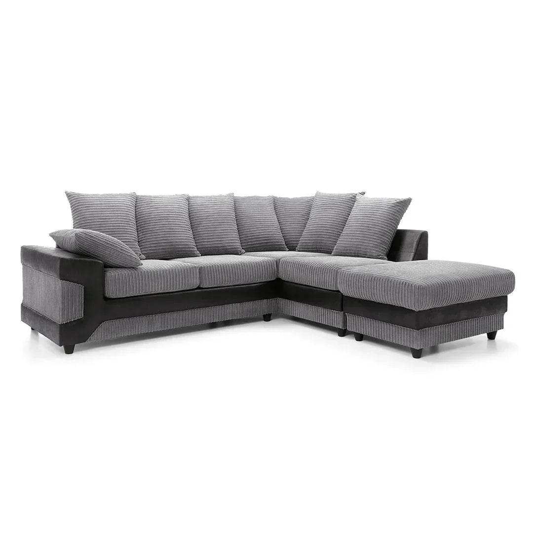 Amazing Sofas NEW LARGE DINO CORNER SOFA JUMBO CORD GREY BLACK OR BEIGE BROWN LEFT OR RIGHT(Grey Black right). Fire resistant as per British Standards, foam filled seats for comfort.