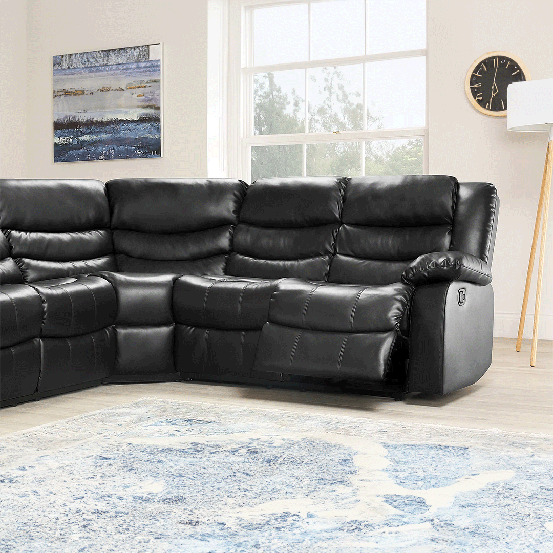Roma Leather Recliner Corner Sofa (Black/Grey/Brown)