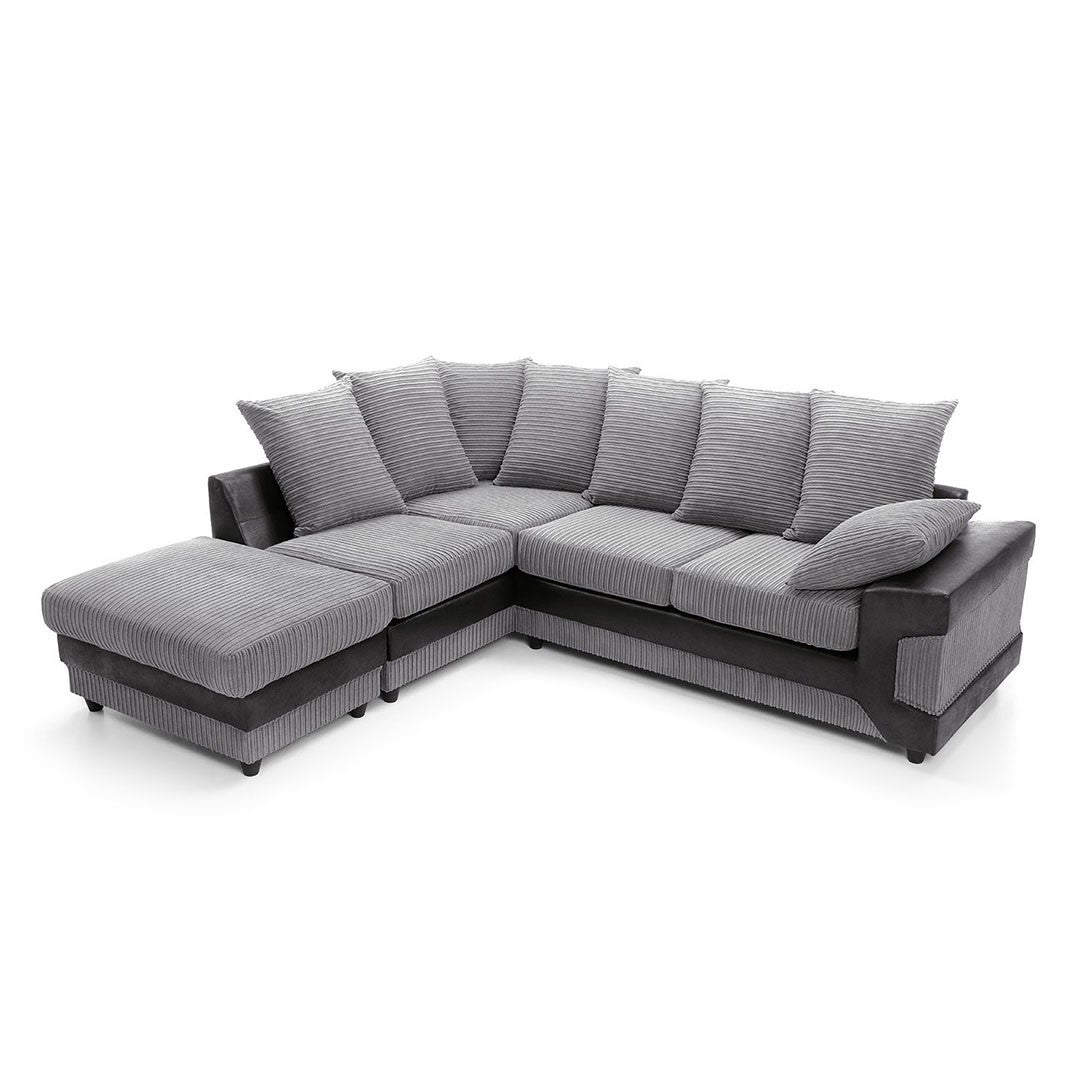 Amazing Sofas NEW LARGE DINO CORNER SOFA JUMBO CORD GREY BLACK OR BEIGE BROWN LEFT OR RIGHT(Grey Black right). Fire resistant as per British Standards, foam filled seats for comfort.