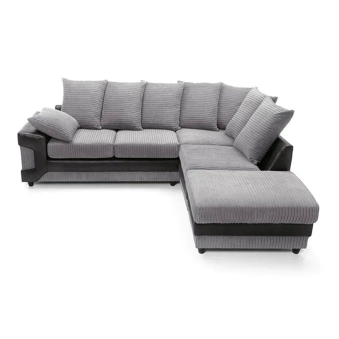 Amazing Sofas NEW LARGE DINO CORNER SOFA JUMBO CORD GREY BLACK OR BEIGE BROWN LEFT OR RIGHT(Grey Black right). Fire resistant as per British Standards, foam filled seats for comfort.